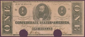 T-55 PF-2 CR-397 1862 Estados Confederados de América Billete de $1 No.49733 (L0331) - Imagen 1 de 2