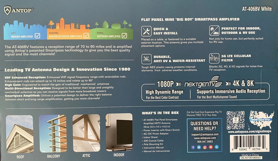 ANTOP Mini "Big Boy" AT-406BV Indoor/Outdoor Smartpass Amplified HDTV Antenna - Image 1 of 1