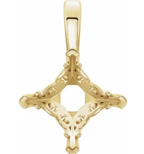 9mm Princess Square Solid 14k Yellow Gold Vintage Scroll Pendant Setting Mount - Picture 1 of 3