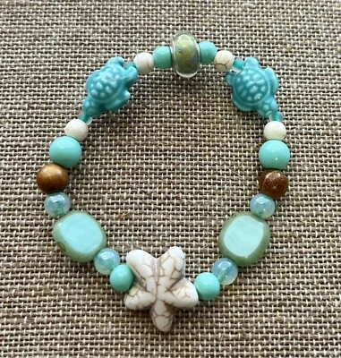 Green Ceramic Sea Turtle Howlite Starfish Czech Glass Beaded Stretch Bracelet - Image 1 of 2