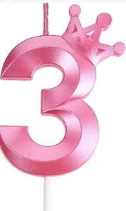 3.15 Inch Pink 3 Birthday Candles,3D Crown Number 3 Cake Topper for Birthday Dec - Picture 1 of 5