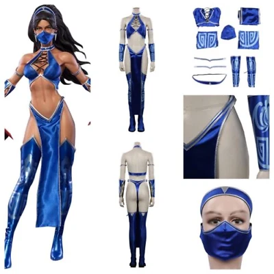 Kitana Mortal Game Kombat Cosplay 万圣节派对 蓝色 性感服装 + 面罩 全套 — 第 1/1 张图片