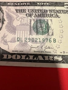 Fancy Serial Number $5 2021 QL 29021976  B 29 February 1976  - Picture 1 of 10