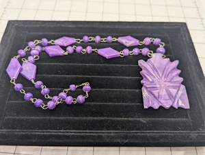 Vintage Purple Stone Carved Aztec Pendant Bead Necklace Southwestern - Picture 1 of 3