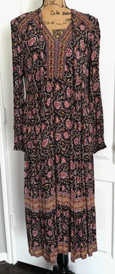 Knox Rose Midi Dress Long Sleeve V-Neck Tassels Black Floral POCKETS Large - Image 1 of 4