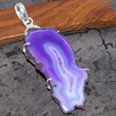 Pingente folheado a prata 925 fatia drusa roxo Botsuana 2,8" presente étnico GW - Imagem 1 de 3