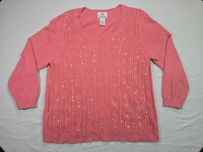 The Quacker Factory Women’s XL Pink Sequined Sweater Cable Knit Long Sleeve  - Image 1 of 4