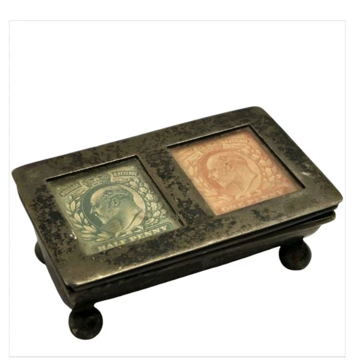 Antiguo canal de caja de estampillas dobles victorianas eduardianas de plata de ley Foto 1 de 4