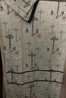 Nautical Heavyweight Fabric Shower Curtain Anchors Ship Wheels Blue Cotton Blend - Image 1 of 4