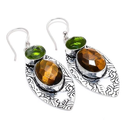 Tigerauge, Peridot Edelstein Handarbeit 925 Sterlingsilber Schmuck Ohrringe 6 cm - Bild 1 von 4