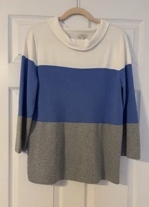 Talbots Color Block Boatneck Sweater 3/4 Sleeves Cream/Blue/Silver Women’s Large - Picture 1 of 3