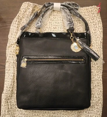 Isaac Mizrahi Live 超大黑色皮革金色五金单肩包托特包 全新 — 第 1/4 张图片