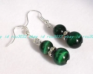 Hermosos pendientes de gancho colgantes de piedras preciosas con cuentas redondas ojo de tigre verde de 8-10 mm - Imagen 1 de 12