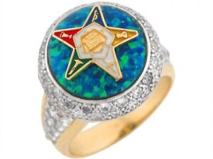 10k or 14k Gold CZ Simulated Blue Green Opal Enamel Eastern Star Ladies Ring