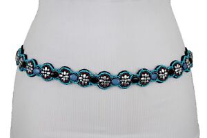 Women Belt Fashion High Waist Hip Black Elastic Turquoise Blue Silver Beads S M