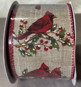 10 Yds -2 1/2” Wired Cardinals Christmas Ribbon Red Edges - Picture 1 of 2