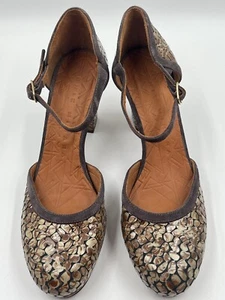 CHIE MIHARA Vintage Shoes 40 US 9.5 Platform Mary Jane Brown Mother Pearl Print - Picture 1 of 7