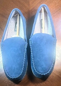 Men's Lands End Moccasin Slippers Size: 12 Blue Suede Leather - Picture 1 of 6