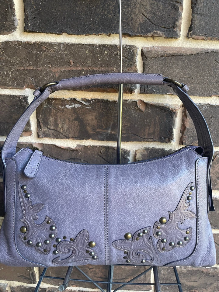 Frye Montana Lavender Leather Studded Zip Top Shoulder Bag & Matching Wallet