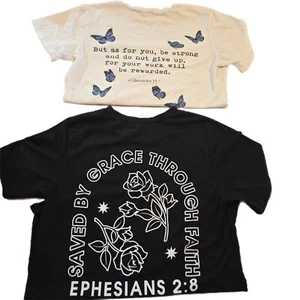 Bible Verse Shirts Girls Lot Of 2 Ephesians 2 Chronicles Butterflies White Black - Picture 1 of 8