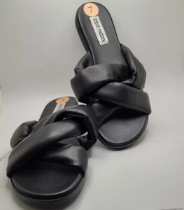 Steve Madden Sandals Womens Sz 7 Georgina Slip On Flats Slide Black Faux Leather - Picture 1 of 4