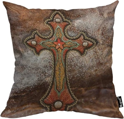 Cross Pillow Cover Tooled Leather Western Decor Turquoise and Brown 18"X 18" Sof - Image 1 of 4