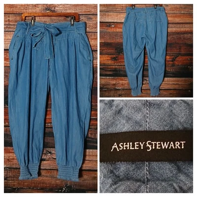 Pantalones de mezclilla Ashley Stewart talla 16 con cinturón de algodón cambray plisados delanteros Foto 1 de 4