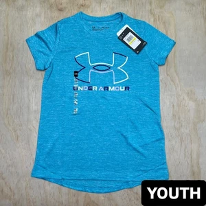 NEW GIRLS Under Armour Tech Big Logo Twist Short Sleeve Shirt MEDIUM Light Blue - Picture 1 of 9