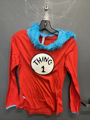Womens Red Dr. Seuss’s “Thing One” Blue Sherpa Hooded Long Sleeve Shirt One Size - Image 1 of 4