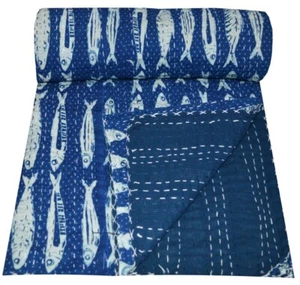Indigo Fish Print King Size Indian Cotton Handmade Kantha Quilt Bedspread Blankt - Picture 1 of 5
