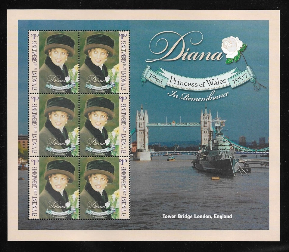 Hoja de recuerdo en recuerdo MNH San Vicente Granadinas Princesa Diana 1961-1997 Foto 1 de 1