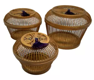 Vintage Asian Bamboo Woven Rayan Wicker Cricket Cage 3 Baskets Handwoven Tassels - Picture 1 of 24