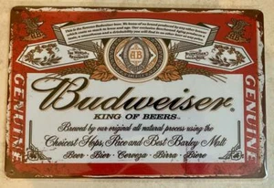 BUDWEISER REY DE LAS CERVEZAS PLACA DE METAL LETRERO BAR PUB HOMBRE CUEVA GARAJE 20 X 30 - Imagen 1 de 1
