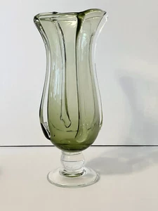 Vintage Mid Century Italian Green Glass Vase Clear Applied Corners Footed 11"x5" - Picture 1 of 9
