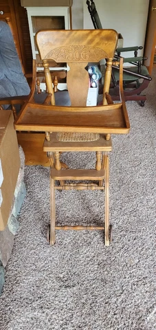 Antique Victorian Oak Convertible Highchair Stroller Combo with Iron Wheels Cover