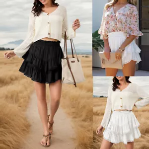 Women Boho Ruffle Tiered Skorts High Waist Skirts Golf Tennis Crochet Shorts - Picture 1 of 13