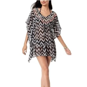 Miken Embroidered Ruffle Tunic Swim Cover Up Dress White Black XS S M L NWT - Picture 1 of 4
