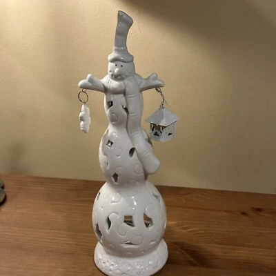Soporte de luz de té muñeco de nieve de cerámica con linterna colgante y copo de nieve 11 pulgadas Foto 1 de 4