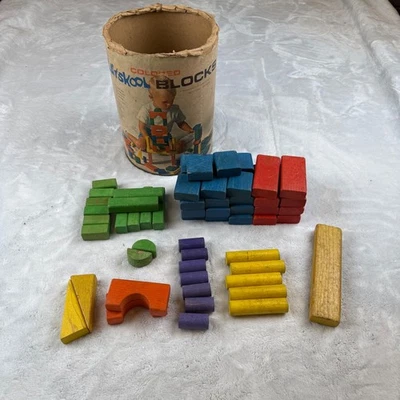 Playskool Colored Wooden Building Blocks 70 Pieces 10 Shapes Vintage Toy - Image 1 of 4