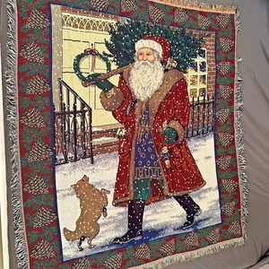 NEW - CHATHAM Santa Christmas Tapestry Throw Blanket 56X62” Vintage 90s CMI RARE - Picture 1 of 11