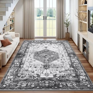 Grey Area Rugs for Living Room, 4x6 Machine Washable Rug, Non Slip Vintage Ro... - Picture 1 of 9
