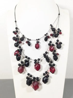 Gothic Black Red Statement Necklace Charm Layered Wire Bold 18 in - Image 1 of 4