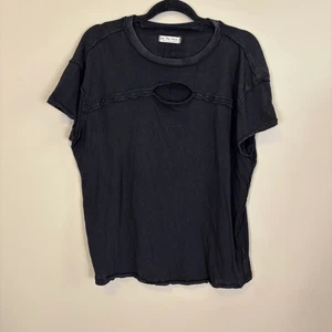 Free People Black Acid Wash Cotton Cutout Short Sleeve Top Size Small - Picture 1 of 7