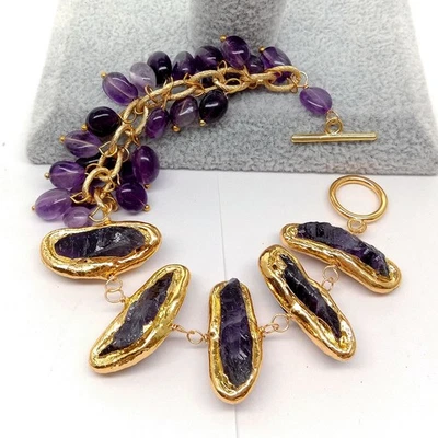 Pulsera asimétrica 8" amatista púrpura natural áspera con borde galvanizado Foto 1 de 4