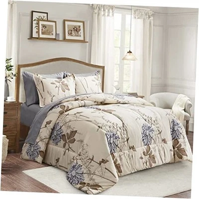  7 件套床袋特大号优雅花朵特大号-7 件花卉浅卡其色 — 第 1/4 张图片