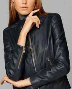 Motorradjacke Damen dunkelblau echt Lammleder Slim Fit - Bild 1 von 11