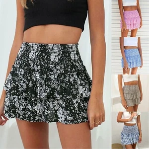 Women’s Summer High Waist Floral Layered Ruffle Hem Boho Mini Skirt Beach Skirt - Picture 1 of 42