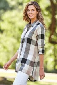 Camisa Soft Surroundings Negra Tostada Marfil Cuadros Cuadros Lino Carreaux 2X $98 - Imagen 1 de 3