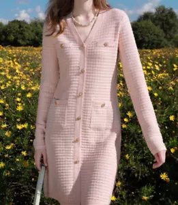 Knitted Dress V-neck Long-sleeved A-line Short Skirt Wool Blend Women Office - Picture 1 of 13