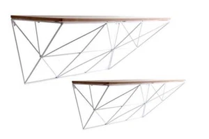 Set 2 Modern White Geometric Metal Wire Retro Wood Effect Shelf Shelves - Picture 1 of 1
